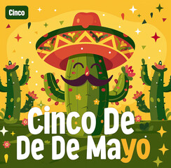 Illustration of a smiling cactus wearing a sombrero, surrounded by smaller cacti and stars, celebrating Cinco de Mayo.