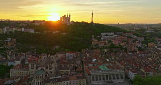 Aerial view of Lyon France on river Rhone Saone Lyon, France, church Basilique Notre Dame de Fourviere