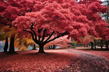 A vibrant red maple tree stands out among the greenery in the middle of a park. Generative AI