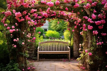 A wooden bench sits beneath a vibrant pink flower-covered arbor in a park setting. Generative AI