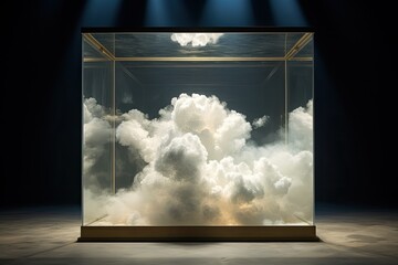 A glass box containing white clouds, creating a unique and intriguing visual experience. Generative AI