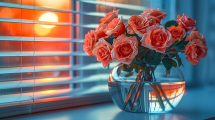   A vase of roses on a sunlit window sill, sunlight filtering through the closed blinds