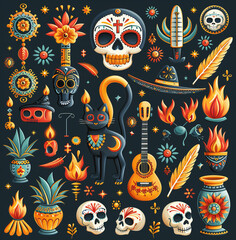 Fototapeta premium A vibrant collection of Mexican Day of the Dead (Día de los Muertos) themed illustrations, featuring decorated skulls, cacti, flowers, a guitar, and a black cat, all set against a dark background.