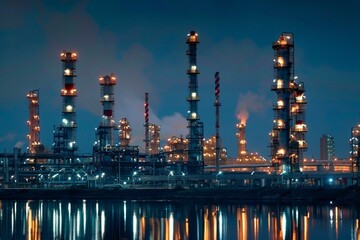 Fototapeta premium Night View of Illuminated Industrial Plant 