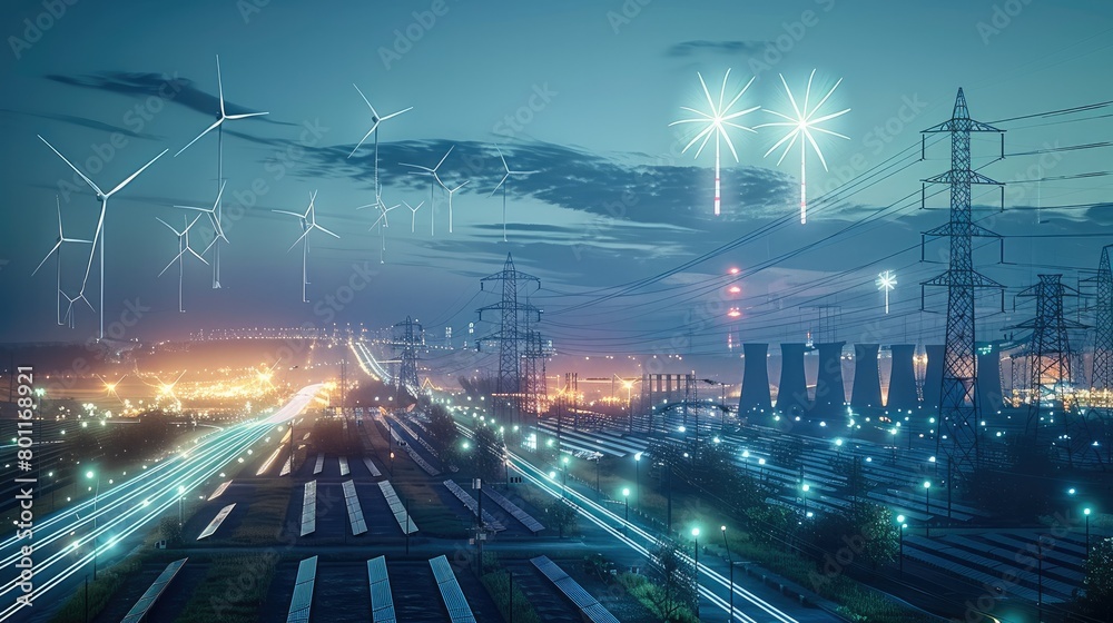 Poster An energy lighting design with photovoltaic panel, wind turbine and storage silos in the background showing power grid network connecting multiple green sources like solar field. Generative AI.