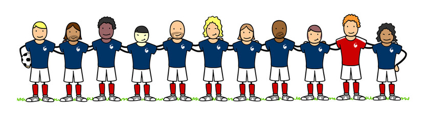 Cartoon football players from France lined up on the field in blue jerseys