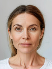 Before After photo of anti aging skin treatment of older woman in her 40s, before she has wrinkles, fine lines, afterwards smooth glowing skin and younger from microneedling, botox, ipl laser at salon