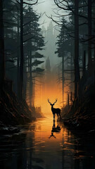 A deer standing in a forest at night against the light