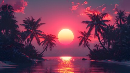 Retro-Futuristic Sunset: A Neon-Hued Palm Tree Landscape with Gradient Hues