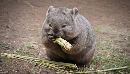 A Chubby Wombat Munching On A Bamboo Shoot - obrazy, fototapety, plakaty