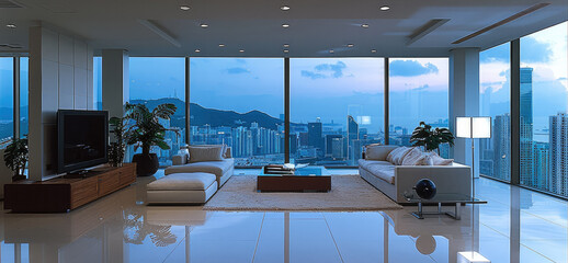 A minimalist high rise condominium interior design with couches and a plasma TV and tables, minimalist architecture interior design. Generative AI.