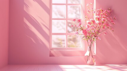 A pink room with a vase of flowers in front of a window