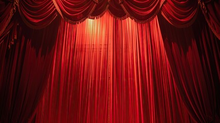 A red curtain is pulled back to reveal a stage.

