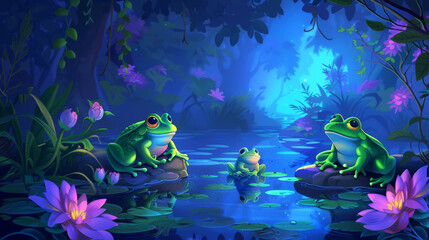 Two animated frogs on lily pads in a serene moonlit water scene with purple flowers