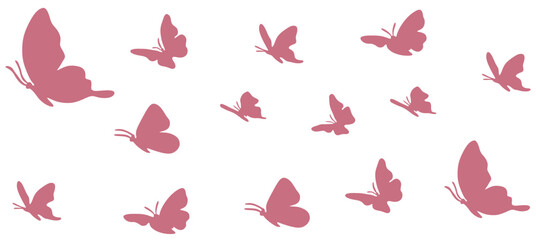 Flock of Silhouette Pink butterflies on white background. Vector