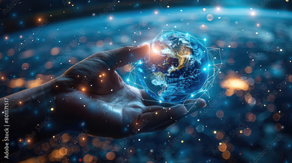 Poster hand index finger touching globe over city background in the form of a technological miracle dark bl