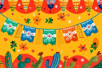 String of handmade cut paper flags on yellow background with colorful flowers and cactus. Mexican party decoration. Dia de los Muertos, Halloween, Cinco de Mayo