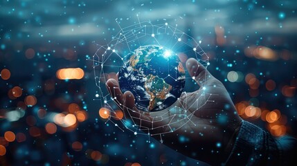 Hand index finger touching globe over city background In the form of a technological miracle Dark blue and dark gray. Generative AI.