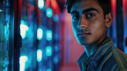 The close up picture of the IT specialist man from south asia is looking at camera and working in the server room, the IT specialist require skill like technology knowledge and data analysis. AIG43.tt