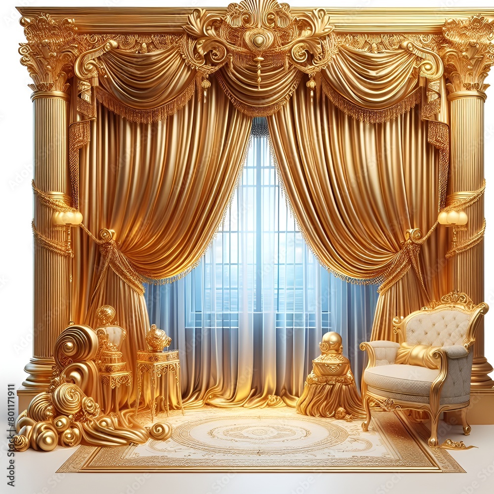 Wall mural golden curtain with curtains,A room featuring a large window adorned with classic gold curtains. The curtains elegantly drape down, adding a touch of luxury to the interior space.