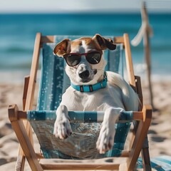 A jack russell terrier dog wearing sunglasses lounges on a sun lounger