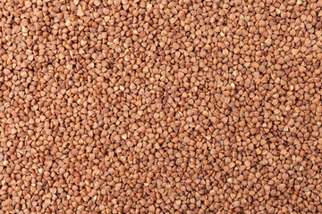 Uncooked, brown buckwheat grains background. Dry buckwheat grains. Top view