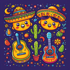 Colorful illustration featuring two smiling characters wearing sombreros, surrounded by cacti, guitars, and fruits on a dark background.