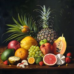 Grupo de frutas tropicales sobre un fondo negro