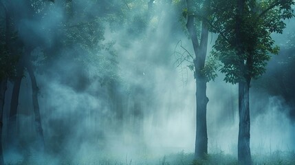 This is a photo of some trees in a forest. The trees are tall and green, and the forest is dense. There is a lot of fog in the forest, which makes it look mysterious and eerie.

