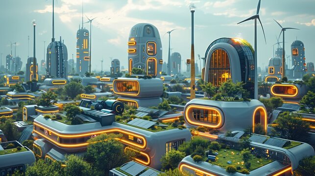 An eco-friendly utopian cityscape, where renewable energy sources are seamlessly integrated into the urban infrastructure. solar panels, wind turbines adorn the futuristic buildings. Generative AI.