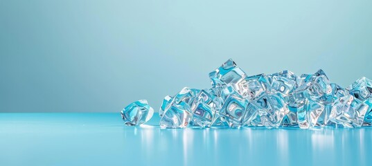 Cold blue ice cubes on blurred background, panoramic banner in light chilly blue color