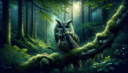 A surrealistic picture of an owl in a fantasy mystic forest