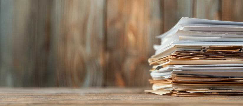 Stack of office files on wooden table , copy space for text