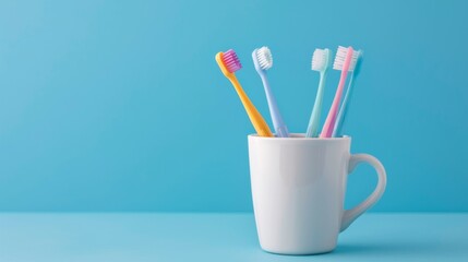 A white cup with a bunch of toothbrushes in it