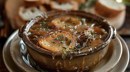 French onion soup with dried bread pieces. Generative AI.
