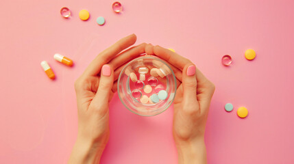 Female hands with pills and glass of water on color background