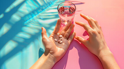 Female hands with pills and glass of water on color background