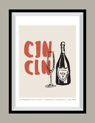 Minimal hand drawn vector wine illustration with aesthetic quote in a poster frame. Matisse style illustrations.