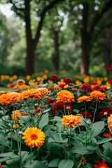Obraz premium Vivid orange flower field with blurred background in stock photo style for aesthetic visuals