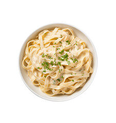 Creamy Alfredo fettuccine pasta topped with fresh herbs, served on a white plate, isolated on a transparent background. Generative AI
