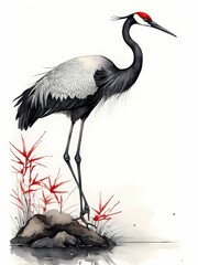 Shuimo hua,black and red ink, a crane in chinese style generative AI illustration