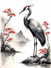 Obraz premium Shuimo hua,black and red ink, a crane in chinese style generative AI illustration