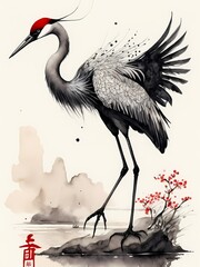 Shuimo hua,black and red ink, a crane in chinese style generative AI illustration