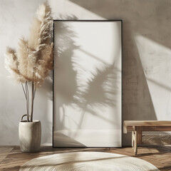 Vertical frame mockup standing on wooden floor in living room interior, no cover the frame area, with dried pampas grass, no shading, 3d rendering, 3d illustration