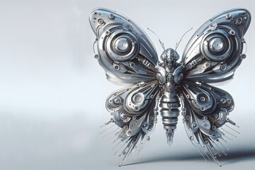 Metallic metamorphosi industrial butterfly, reflective transformation mechanical rebirth. The concept of the origin of the new and the development of industry