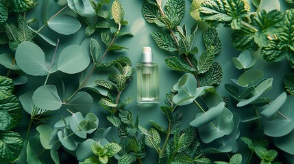 Tranquil Harmony: Top-Down View of Eucalyptus Leaves and Cosmetic Bottle