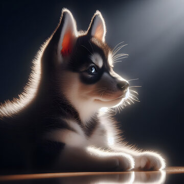 A husky puppy,well highlighted coat on a dark background. Close-up