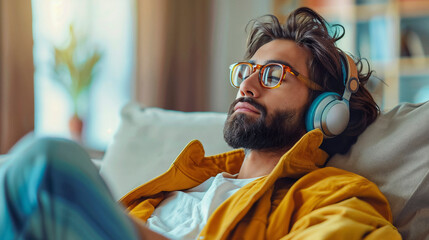 Stylish young man relaxing with headphones in a cozy, modern home setting.