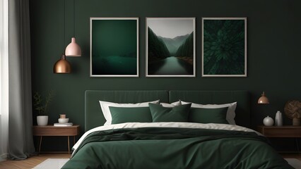 3 Vertical  Wall Art Mockup, Interior Design of Bedroom Green Theme, Bedroom Wall Art Mockup