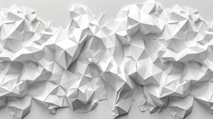   A collection of white origami figures against a gray backdrop A white wall runs through the image's center